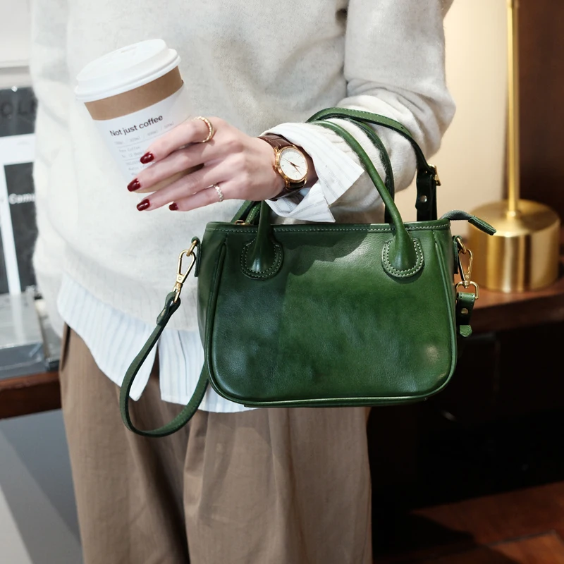 Genuine Leather Women Handbags Brown Small Square Crossbody Bag Female Portable Shoulder Plant Tanned Top Layer Cowhide Bags